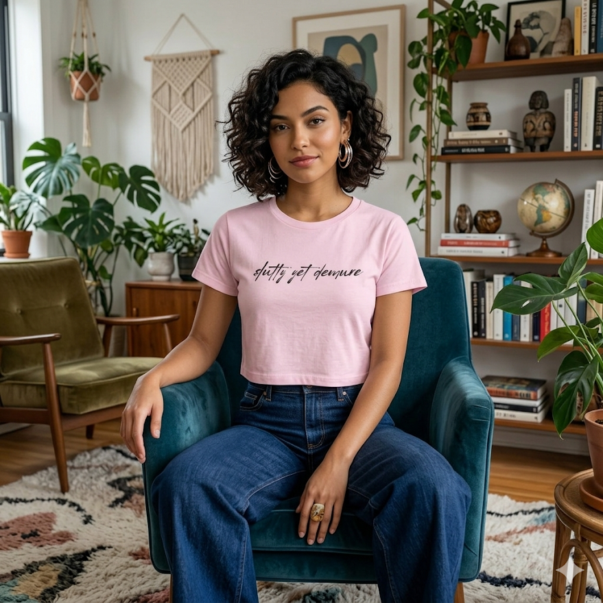 "Slutty Yet Demure" Women's Baby Tee — Script Graphic Crop T-Shirt