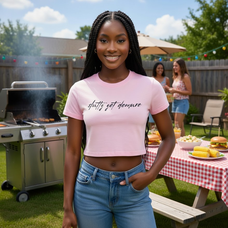 "Slutty Yet Demure" Women's Baby Tee — Script Graphic Crop T-Shirt