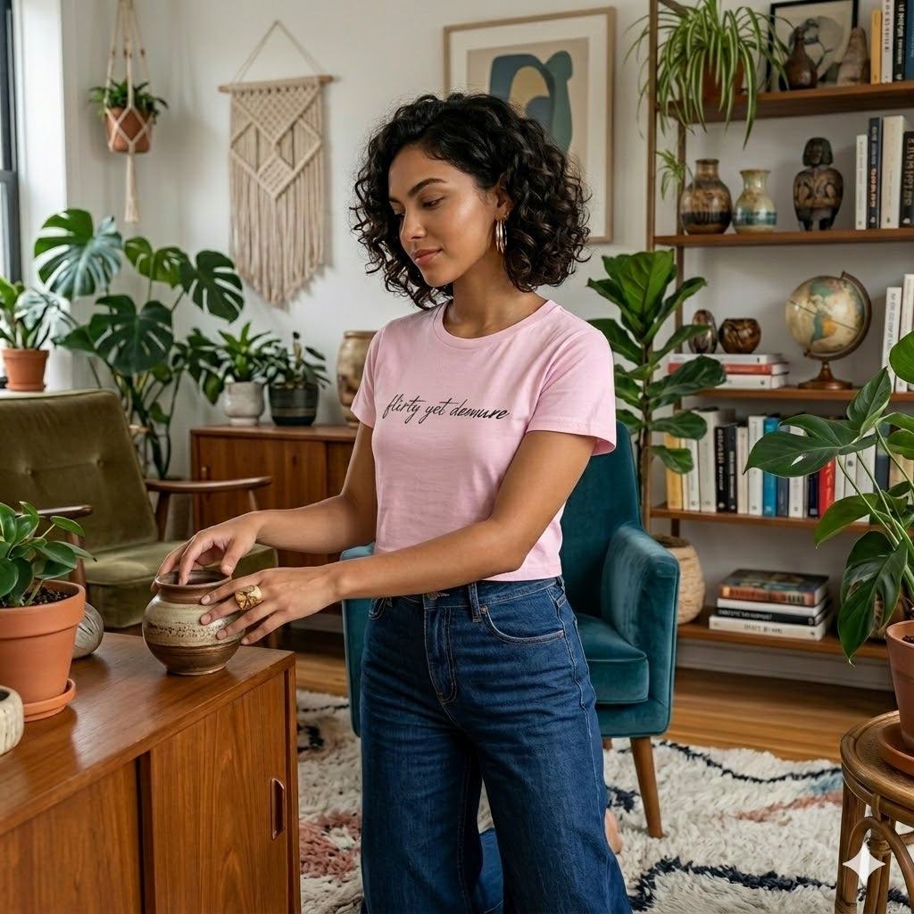 "Flirty Yet Demure" Women's Baby Tee — Script Graphic Crop T-Shirt